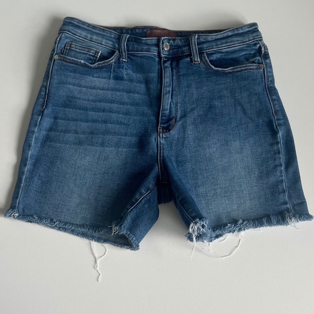 Judy Blue Womens High Rise Frayed Raw Hem Denim Shorts Medium Wash XL
